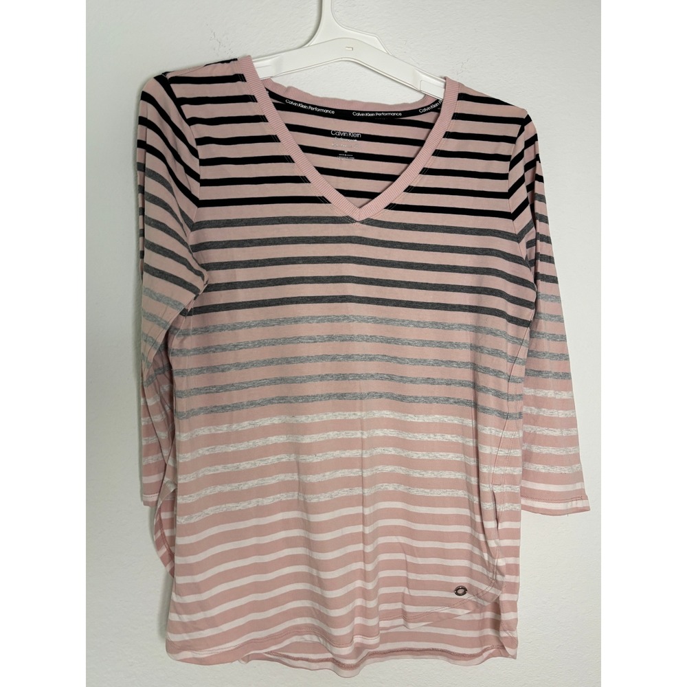 Calvin Klein Performance Womens‎ Pink Striped V-Neck 3/4 Sleeve Top Medium